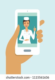 Human hand holding smart device with doctor online
