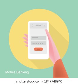 Human hand holding smart phone with mobile banking concept showing on display isolated on green background, vector and illustration.