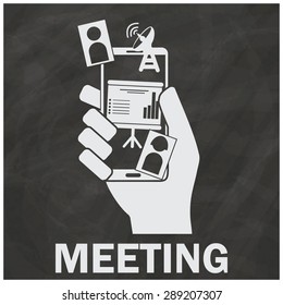 The human hand holding smart phone and meeting application show on mobile screen on chalkboard in vector format.