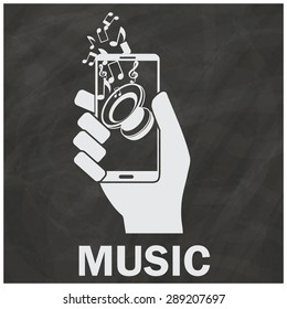 The human hand holding smart phone speaker and notes application show on mobile screen on chalkboard in vector format.