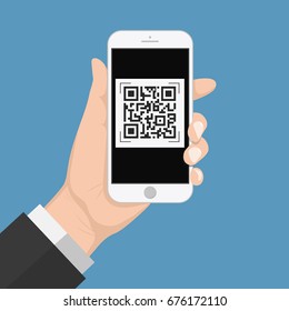 Human Hand Holding Smart Phone With QR Code On Screen. Vector Illustration