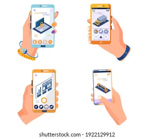 Human hand holding smartphone with app about modern technologies attributes of technological progress smart industrial production innovative methods of manufacturing control set of four scenes