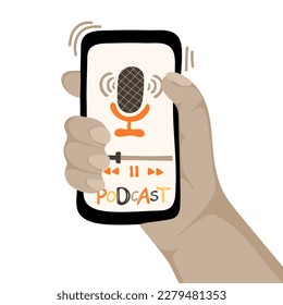 Mano humana sosteniendo un smartphone con aplicación para escuchar podcasts en pantalla. Concepto de podcast. Ilustración del vector
