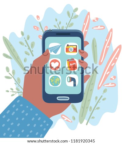 Human hand holding smartphone with applications for travel, trip. Phone screen with tourism apps. Vector cartoon illustration in modern concept