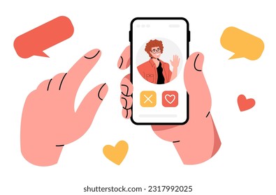 A human hand is holding a smartphone. Assign a date to a man. Message, correspondence, love. Dating app.