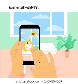 Human hand is holding smartphone with augmented reality app on screen showing hologram of a dog. Flat style stock vector illustration.