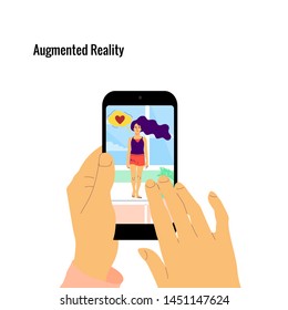 Human hand is holding smartphone with augmented reality app on screen showing hologram of a woman. Interior of a room. Flat style stock vector illustration.