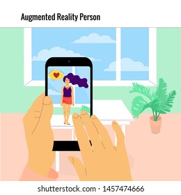 Human hand is holding smartphone with augmented reality app on screen showing hologram of a woman. Interior of a room. Flat style stock vector illustration.