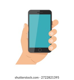 Mano humana que sostiene el smartphone con el diseño plano de la Ilustración vectorial de la pantalla en blanco en el fondo blanco
