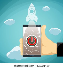 Human hand holding a smartphone with a button and a rocket. Stock vector illustration.