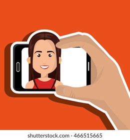 human hand holding a smartphone with a cartoon woman on the screen over orange background vector illustration