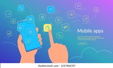 Human hand holding smartphone and choosing a mobile app icon for e-wallet and online banking. Gradient line vector illustration of user interface, user experience and various mobile apps usage