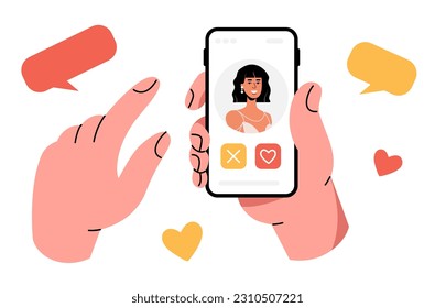 A human hand is holding a smartphone. Dating app. Assign a date to a girl. Message, correspondence, love