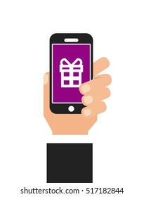 human hand holding a smartphone device with gift box icon on screen over white background. vector illustration
