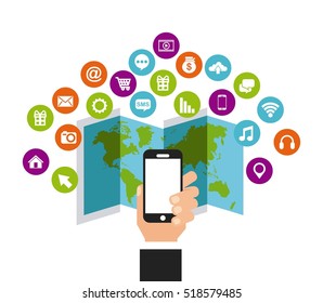 human hand holding a smartphone device over world map and social media icons around. vector illustration