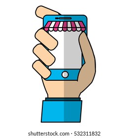 human hand holding a smartphone device icon over white background. shopping online design. vector illustration