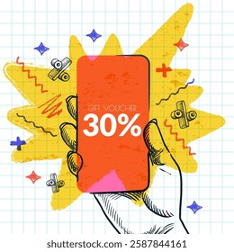 Human hand holding smartphone with discount coupon on screen. Sale promotion banner, poster, greeting card, voucher design template. Vector geometric colorful trendy collage, flat illustration