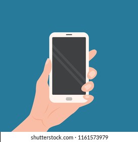 Mano humana sosteniendo Smartphone con pantalla vacía. Dibujo vectorial colorido en caricatura de diseño plano para web, publicidad, promociones.   