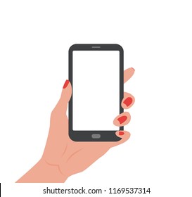 Human hand holding Smartphone with empty screen. Vector colorful illustration in cartoon flat style design template for web, advertising, promotions.   