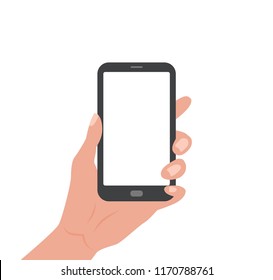 Human hand holding Smartphone with empty screen. Vector colorful illustration in cartoon flat style design template for web, advertising, promotions.   