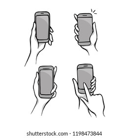 Human hand holding Smartphone with empty screen icons set, outline, doodle. Hand hold cellphone. Mobile phone, isolated outline vector illustration. Hand holds phone. Design for logo, web and app.