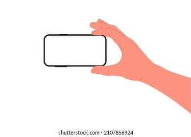 Mano humana sosteniendo un smartphone con pantalla vacía. Simple ilustración vectorial plana.