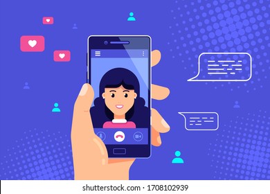 Human Hand Holding Smartphone With Female Character On Screen. Video Call, Online Video Chatting, Internet Technology Concept Banner. Flat Style Vector Illustration.