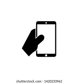 Human Hand Holding Smartphone. Flat Vector Icon illustration. Simple black symbol on white background. Human Hand Holding Smartphone sign design template for web and mobile UI element