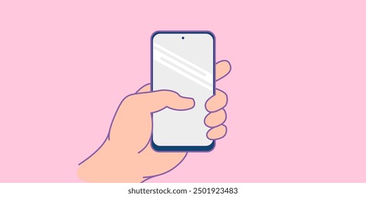 Mano humana que sostiene la Ilustración vectorial plana del smartphone. Personas de manejo con teléfonos celulares. Pantalla vacía, maqueta del teléfono, aplicación en el dispositivo de pantalla táctil.