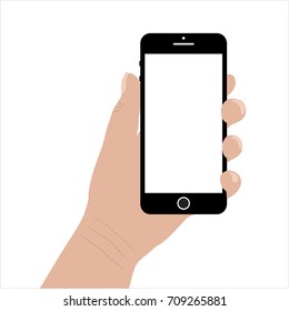 Human hand holding smartphone, flat vector illustration