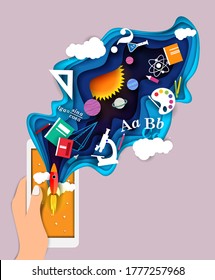 Human hand holding smartphone with flying up rocket, school supplies, education and science symbols. Vector illustration in paper art craft style. Mobile education app concept.