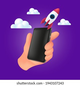 Human hand holding a smartphone with a flying rocket on the clouds. 3d vector illustration of startup concept with mobile device and empty black screen isolated on a violet background