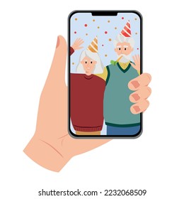 A human hand holding a smartphone. Happy birthday greetings on video call. Senior couple in festive hats on the screen. Flat vector illustration.