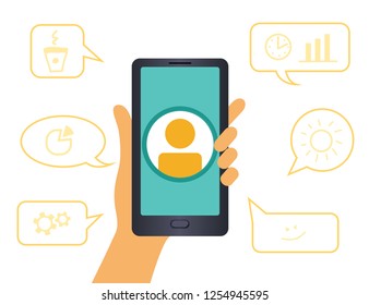 Human hand holding smartphone with icon people. surrounded by a dialogue with business icons on white background. Vector illustration comment.