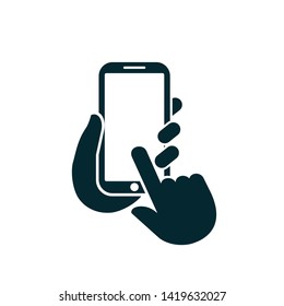 Human hand holding smartphone icon. Phone holding flat icon sign. Phone in hand and click finger - stock vector