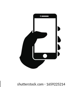 Human hand holding smartphone icon flat