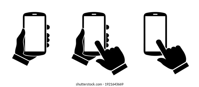 Human hand holding smartphone icon. Phone holding flat icon sign. Phone in hand and click finger sign - stock vector