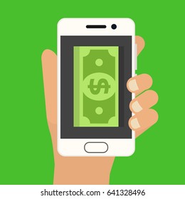 Human hand holding smartphone / icon, money, mobile money