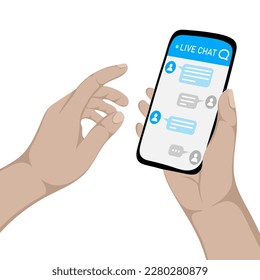 Human hand holding smartphone with live chat on screen. Support service.  Assistance and help with mobile phone app. Smartphone helpdesk for feedback cell. Vector illustration