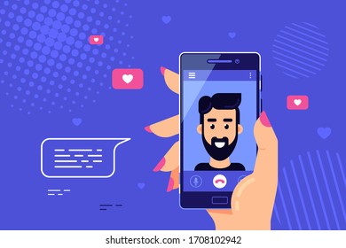 Human Hand Holding Smartphone With Male Character On Screen. Video Call, Online Video Chatting, Internet Technology Concept Banner. Flat Style Vector Illustration.