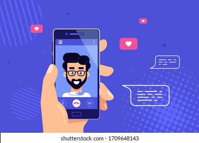 Human Hand Holding Smartphone With Male Character On Screen. Video Call, Online Video Chatting, Internet Technology Concept Banner. Flat Style Vector Illustration.