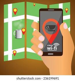 human hand holding smartphone and map