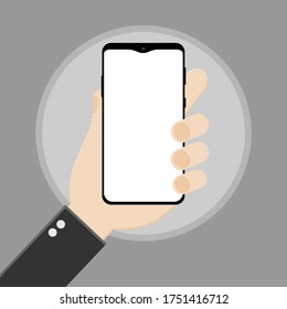 Human hand holding smartphone / mobile cellular phone. Hand holding black bezel less smartphone with blank white screen on grey background with glare. Vector illustration eps10