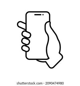 Human hand holding smartphone. Mobile phone in man’s hand. Vector illustration. Eps 10. Line icon.