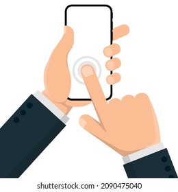 Human hand holding smartphone. Mobile phone in man’s hand. Vector illustration. Eps 10.