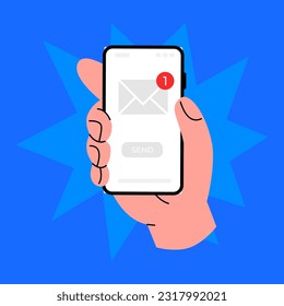 A human hand is holding a smartphone. A new message. The envelope icon. Fingers and a Flat-style screen