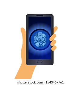 A human hand is holding a smartphone on white background. There's a fingerprint button on the screen. Vector illustration.