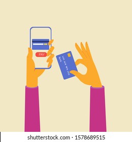 Human hand holding smartphone with online shopping. Mobile phone payment, the internet store, online shop, web buying and paying. Modern flat vector illustration.