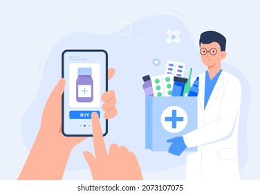 Human hand holding smartphone for online order of medicines. Home delivery pharmacy service. Online pharmacy, delivery drugs, prescription medicines order. Vector flat illustration.