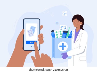 Human hand holding smartphone for online order of medicines. An Indian pharmacist with medical purchases. Online pharmacy, delivery drugs, prescription medicines order. Vector flat illustration.